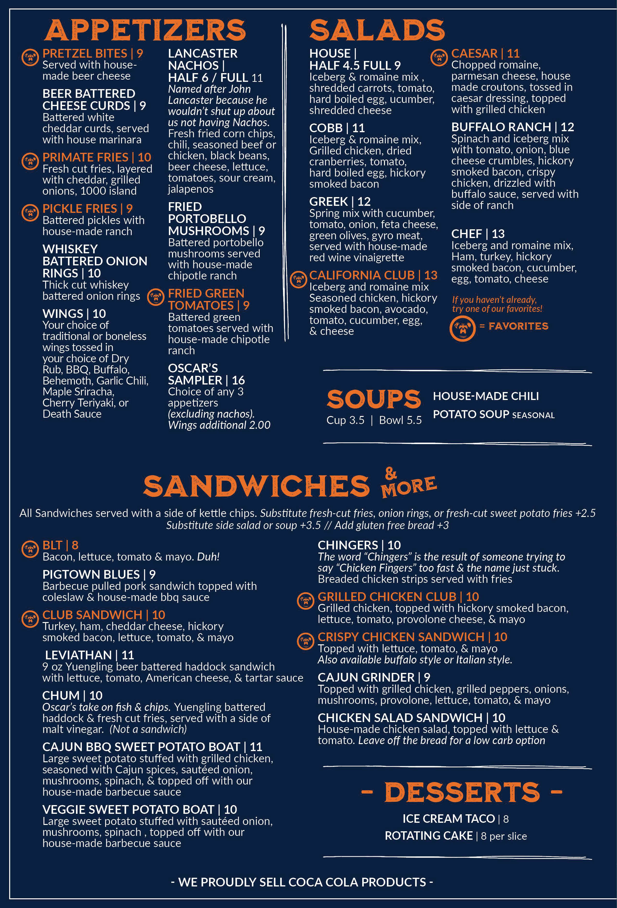 Oscar's menu - Appetizers, Soups, Salads, Sandwiches, Desserts
